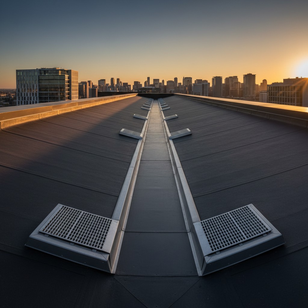 A rooftop with metal grates and vents, set against a cityscape backdrop at sunset or sunrise, with a clear and cloudless sky.