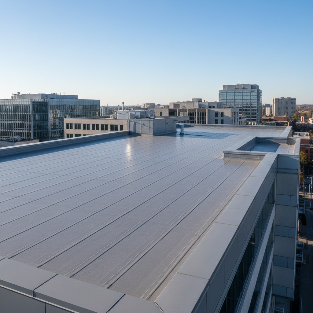 Large rooftop in a city with buildings in the background.